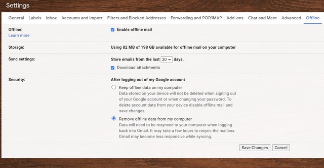 enable offline mail option in gmail settings