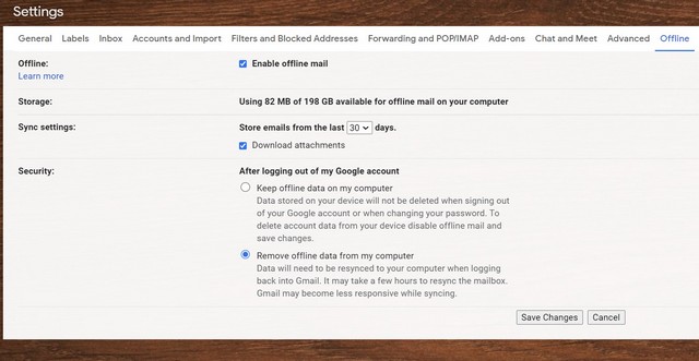 ativar a opção de correio offline nas configurações do Gmail