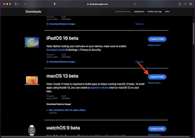 Install macOS 13 beta profile on Mac