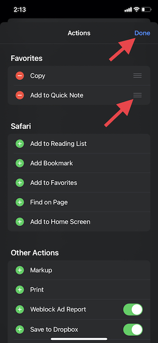 Quick Note action in Safari 