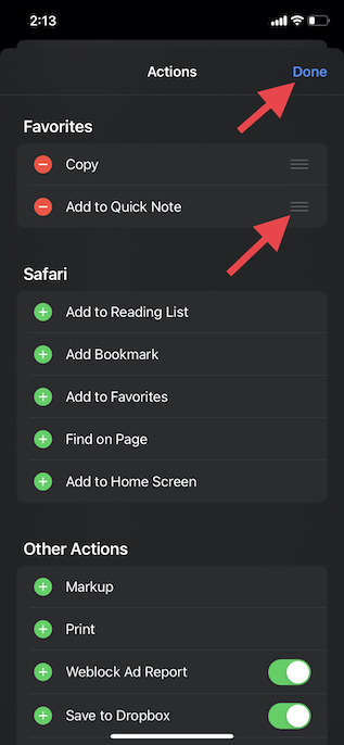 Quick Note action in Safari