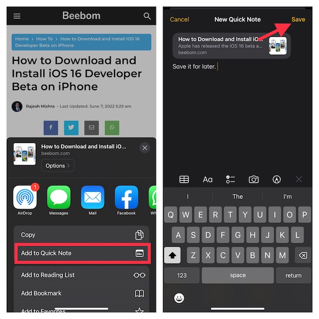 Save a Safari Website Link to Quick Note on iPhone