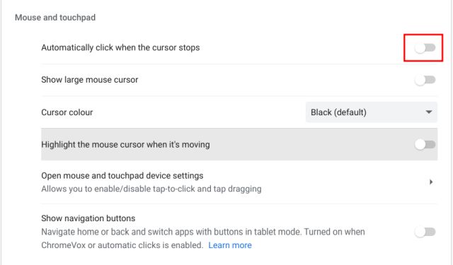 disable automatic clicks on a chromebook