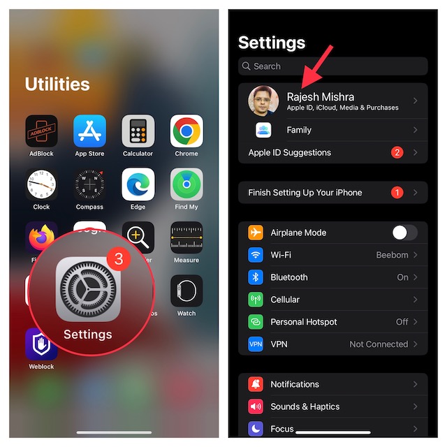 Settings app on iPhone