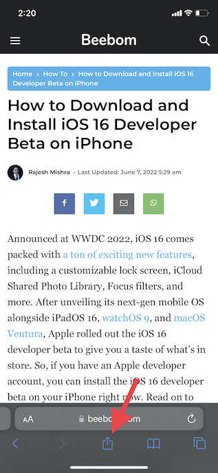 Share button in Safari