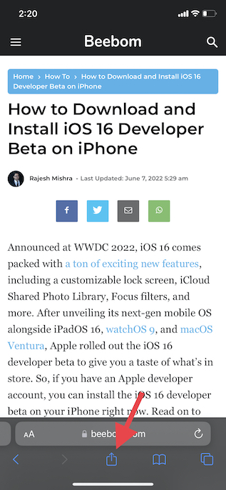 Share Button In Safari 