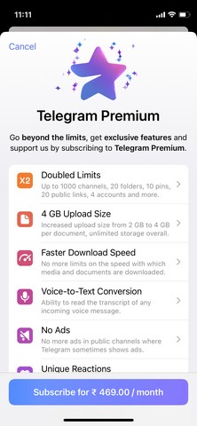 telegram premium subscription launched