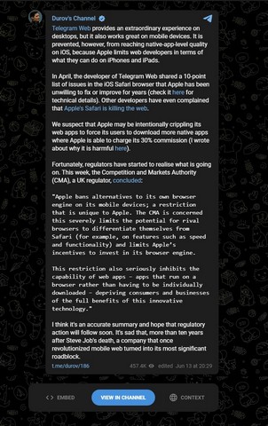 Telegram Founder Takes a Dig at Apple for "Intentionally Crippling Its Web Apps"