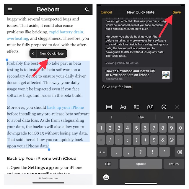 Use Quick Note to Save Text on iPhone