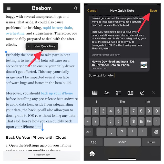 Use Quick Note To Save Text On Iphone