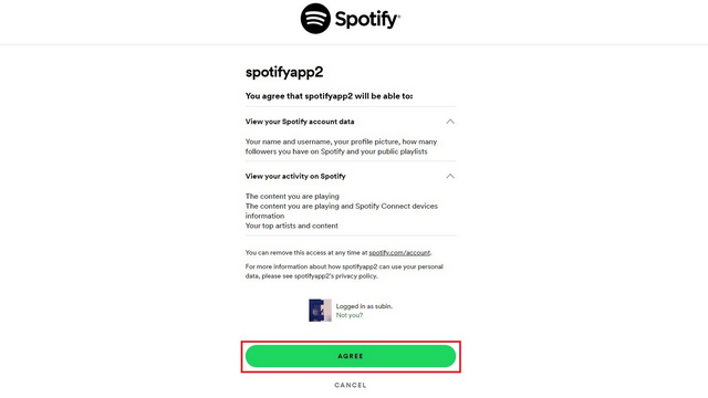 permitir acesso à conta spotify