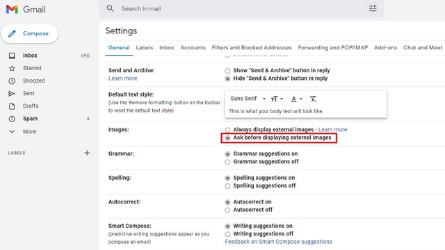 ask before displaying external images to disable email tracking in gmail