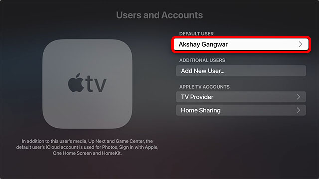 default user in apple tv