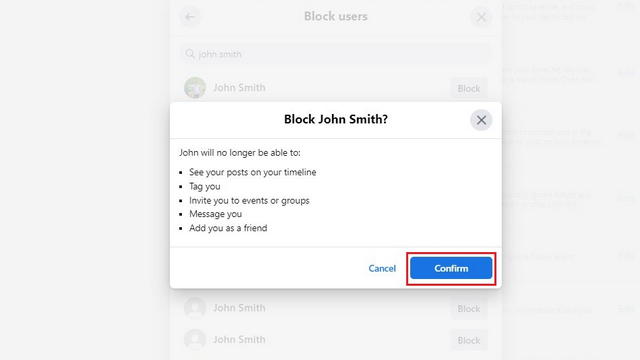 confirm blocking user