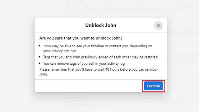 confirm unblocking facebook user