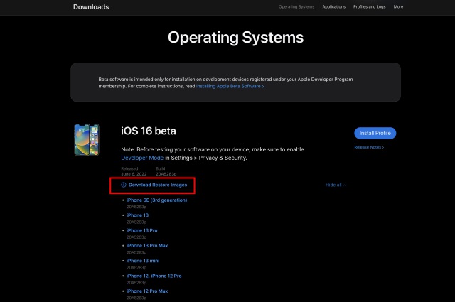 Wiederherstellungsimages Für Ios 16 Beta Herunterladen