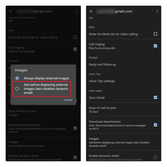 enable ask before showing external images to disable email tracking in gmail
