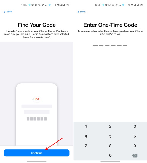 enter one time code from iphone on android in move to ios app