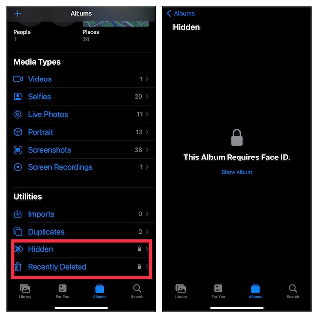 hide hidden album on iPhone and iPad