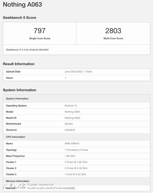 nothing phone 1 geekbench listing