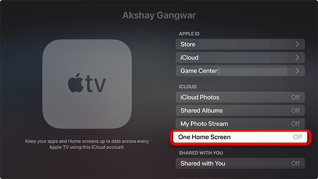 one home screen option in apple tv