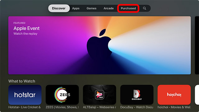 purchased apps tab in the apple tv app store