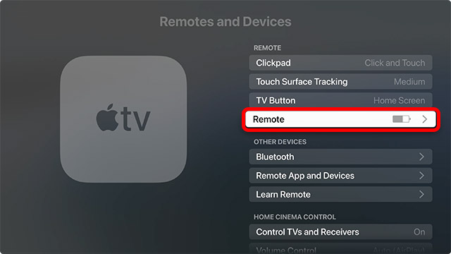 Fernbedienungseinstellungen, Um Den Batterieprozentsatz Der Apple Tv-Fernbedienung Zu Überprüfen