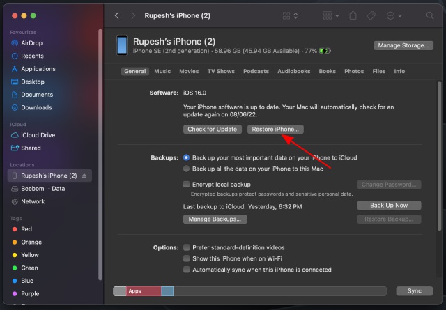 restore iphone + option key