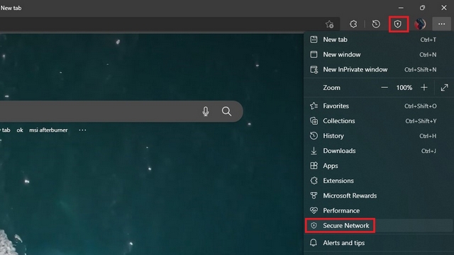 secure network button and context menu option