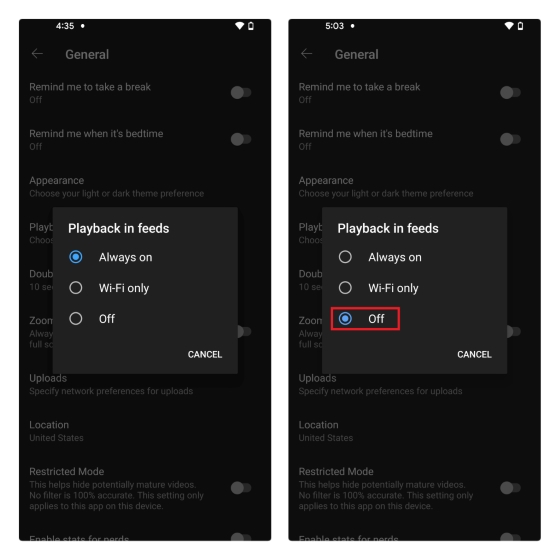 turn off playback in feeds