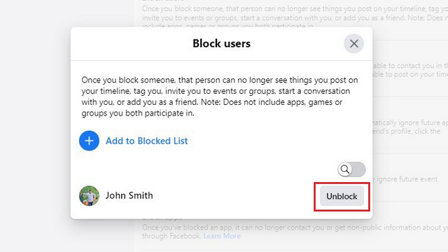 unblock facebook user