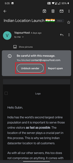 unblock sender gmail