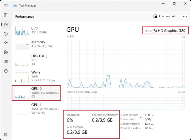 Check your graphics card in Windows 11 using task manager
