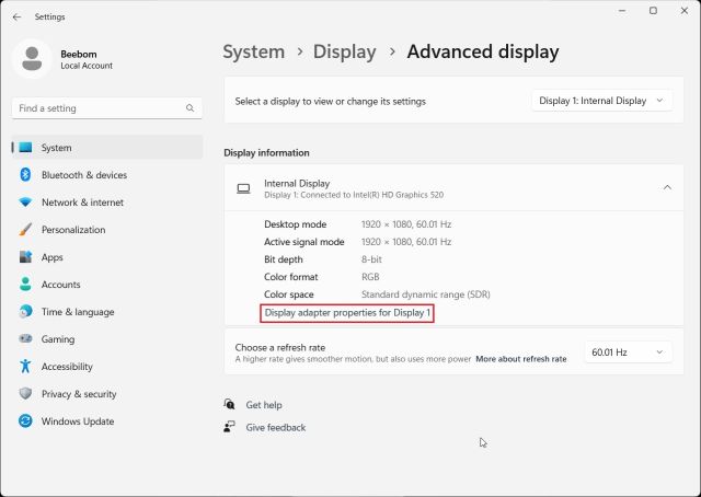 Check your graphics card in Windows 11 from Windows Settings