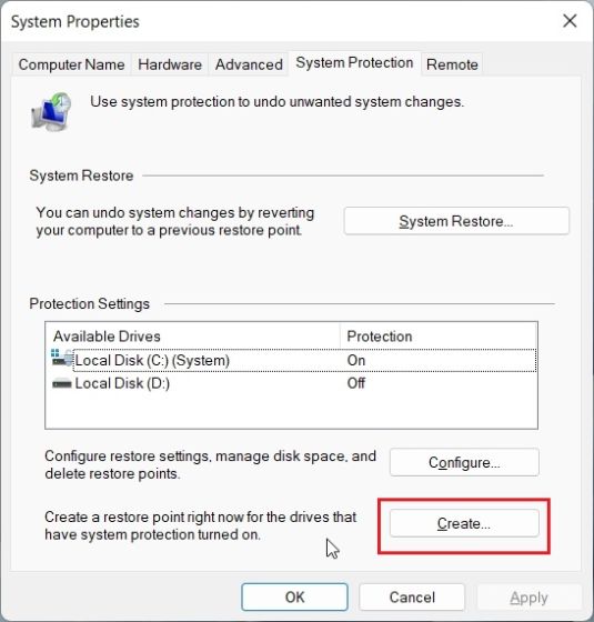 Create A Restore Point In Windows 11