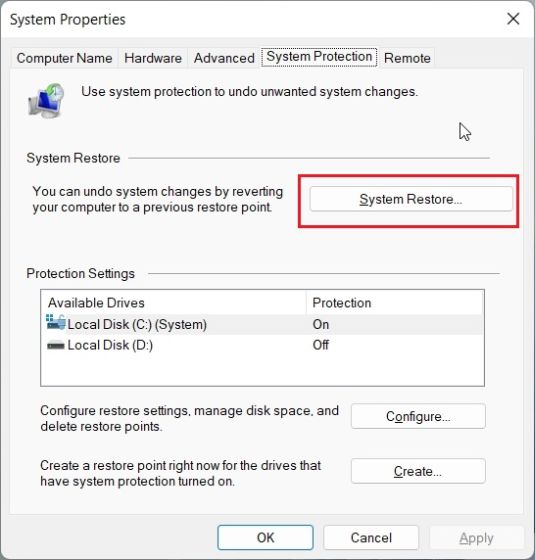 Run System Restore in Windows 11