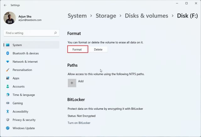 2. Format HDD or SSD in Windows 11 from Settings