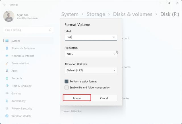 2. Format HDD or SSD in Windows 11 from Settings