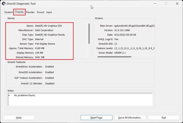 Check your graphics card in Windows 11 from DirectX Diagnostic Tool