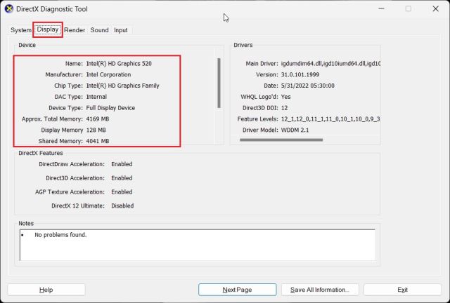 Check Your Graphics Card on Windows 11 From DirectX Diagnostic Tool