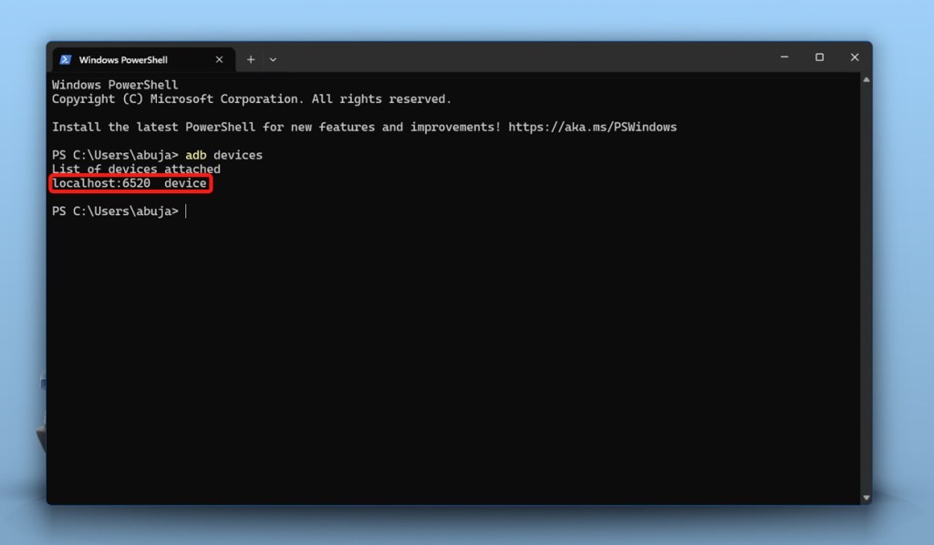 Windows Terminal with ADB devices command