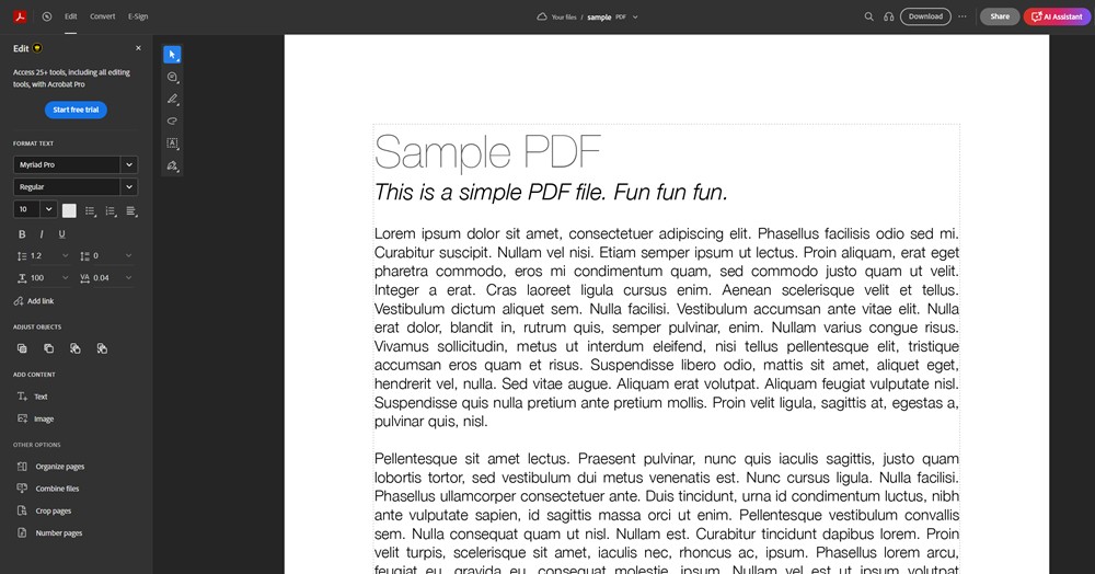 Adobe Acrobat online PDF editor UI with Sample PDF editing