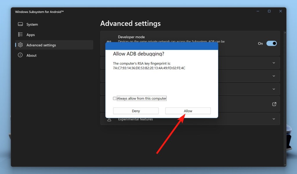 Adb debugging prompt wsa windows with allow option