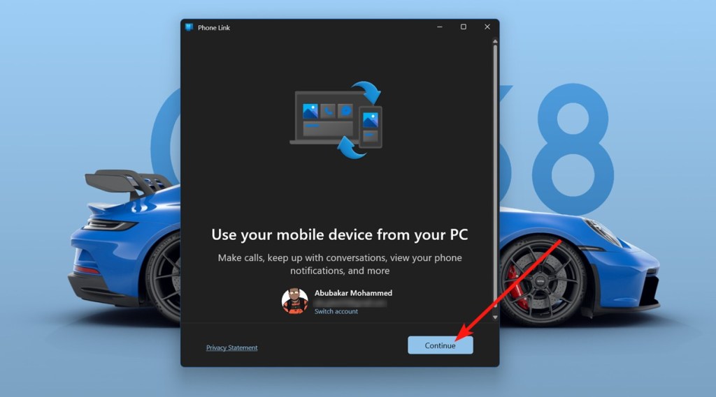 Phone Link app Windows continue button