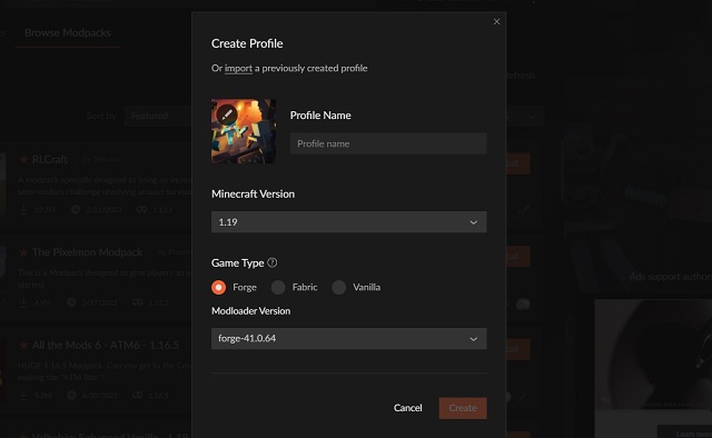Create Profile in CurseForge