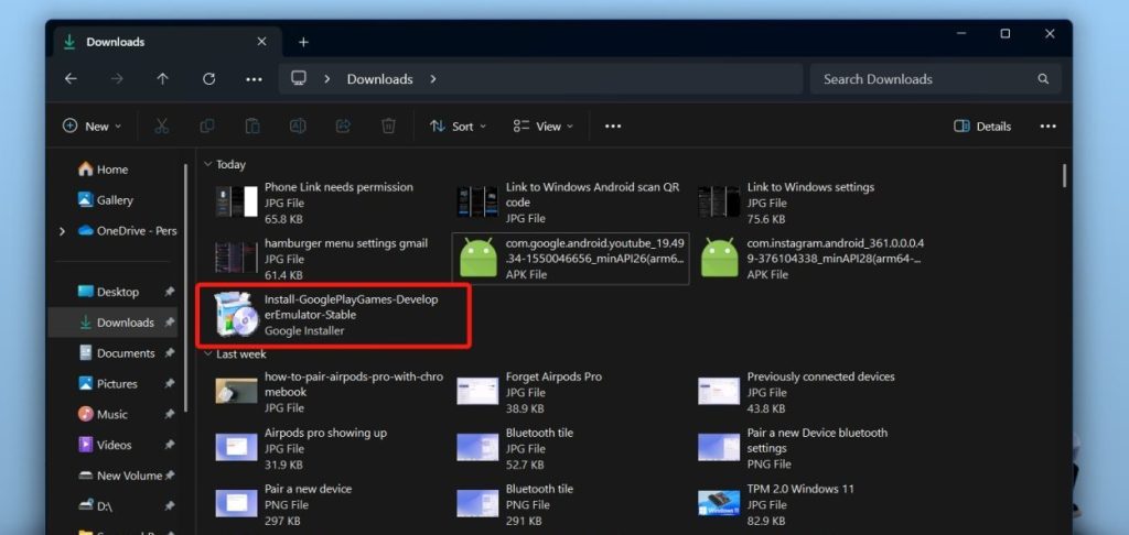 File Explorer with Play Games Emulator installer file