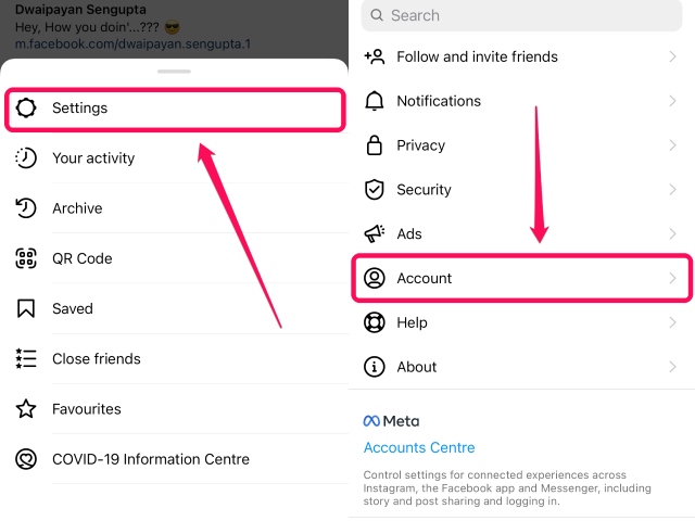 Instagram Settings and Account page