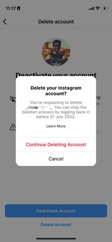 Instagram Delete Account option