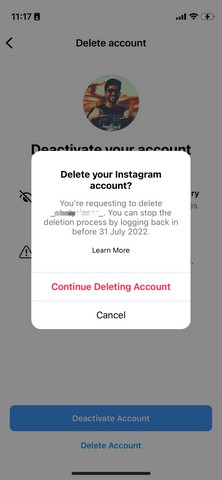 Opção de exclusão de conta do Instagram