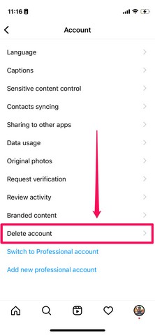 Instagram Delete Account page